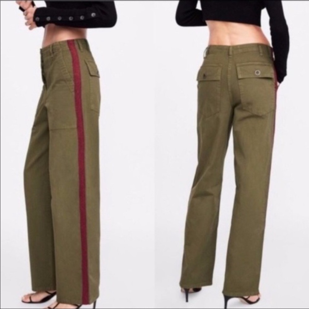 Zara Woman “the worker straight” camo green pant with metallic side tape